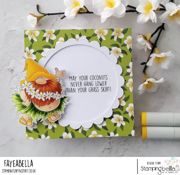 www.stampingbella.com: rubber stamp used:HULA GNOME, card by Faye Wynn Jones