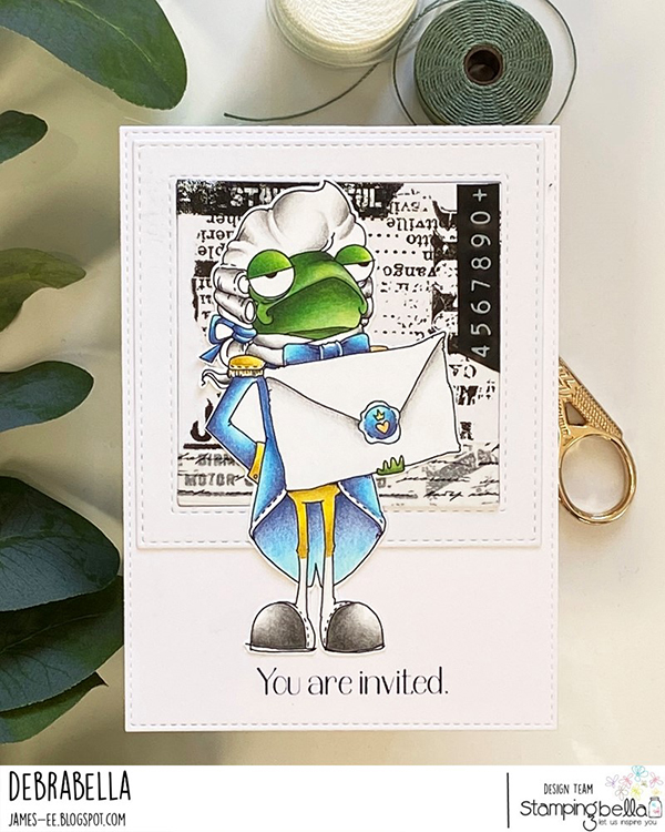 www.stampingbella.com: Rubber stamp used :ODDBALL FROG FOOTMAN card by Debra James