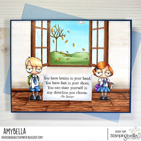 www.stampingbella.com: rubber stamp used: ODDBALL STUDENTS, FALL WINDOW card by Amy Young