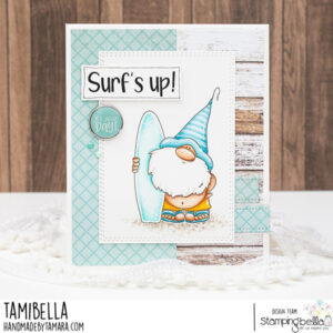 GNOME WITH A SURFBOARD RUBBER STAMP SET (includes 1 sentiment)