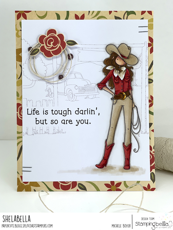 www.stampingbella.com: rubber stamp used: COWBOY BACKDROP, COWBOY SENTIMENT SET, UPTOWN COWBOY PARENTS,Card byt Michele Boyer