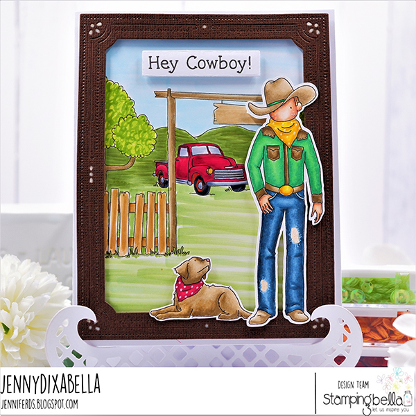 www.stampingbella.com: rubber stamp used: COWBOY BACKDROP, COWBOY SENTIMENT SET, UPTOWN COWBOY PARENTS, UPTOWN COWBOY PETS card by Jenny Dix