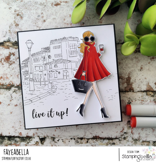 www.stampingbella.com: rubber stamp used: SKETCHY BACKDROP and UPTOWN GIRL FASHIONISTA card by Faye Wynn Jones