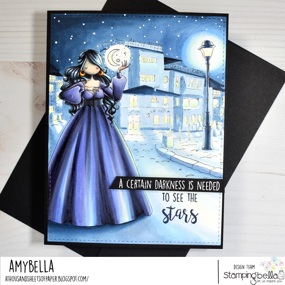 Www.stampingbella.com:  rubber stamps used  : sketchy backdrop and uptown mystical girl.  Card by Amy Young 