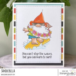 GNOME RIDING THE WAVES RUBBER STAMP SET (includes 1 sentiment stamp)