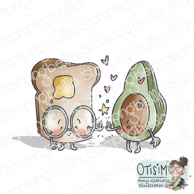 Stamping Bella Spec-Tacular Avocado and Toast cling mounted rubber stamp illustrated by Amy Glatiotis and made in the USA. The image features a slice of toast with glasses and a pat of butter, high-fiving a smiling avocado half with a pit. The characters are surrounded by small hearts and a star, adding a whimsical and charming touch to the illustration. Celebrating friendship, love and teamwork.