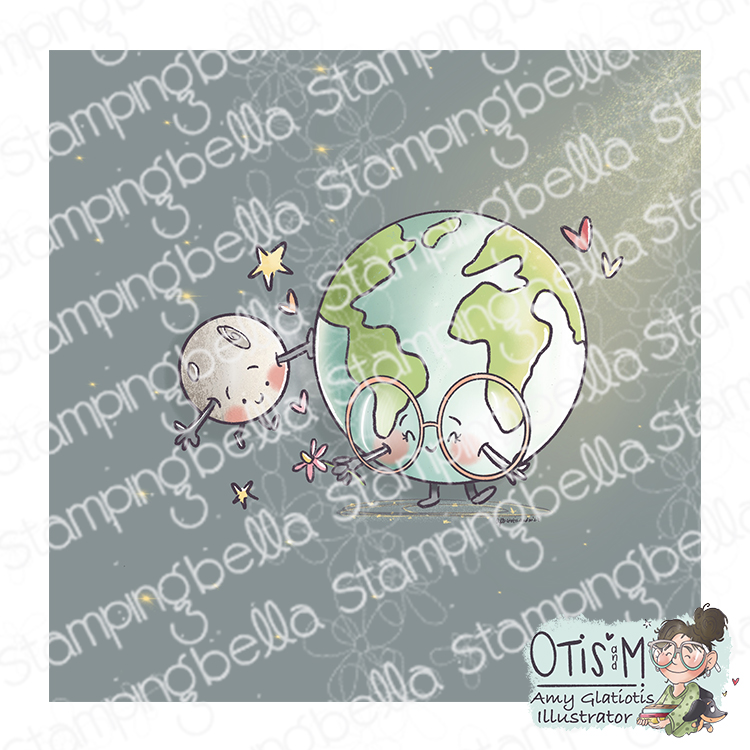 Stamping Bella Spec-Tacular Earth and Moon cling mounted rubber stamp illustrated by Amy Glatiotis, made in the USA. This whimsical design features a smiling Earth wearing glasses, holding hands with a cheerful Moon, surrounded by stars and hearts. Perfect for creating heartfelt friendship, love, and family-themed cards.