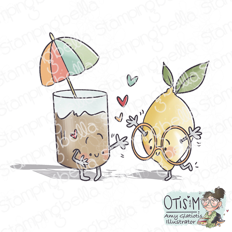 Stamping Bella Spec-Tacular Iced Tea and Lemonade cling mounted rubber stamp illustrated by Amy Glatiotis, made in the USA. This cute stamp features an iced tea glass with an umbrella and a cheerful lemon wearing glasses, perfect for creating friendship, love, and family-themed cards.