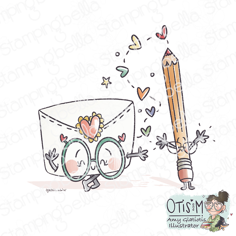 Stamping Bella Spec-Tacular Letter and Pencil cling mounted rubber stamp illustrated by Amy Glatiotis, made in the USA. This delightful stamp features a playful envelope with glasses and a cheerful pencil, surrounded by hearts and stars. Perfect for creating charming friendship, love, and family-themed cards.