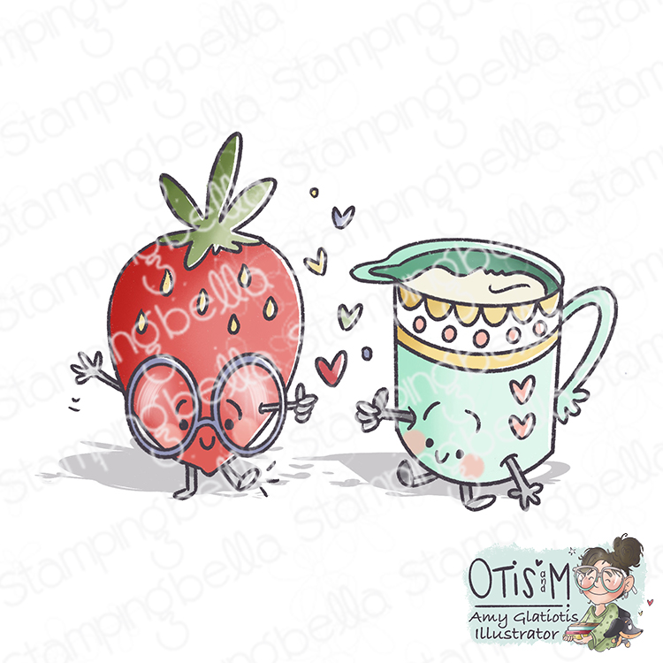 Stamping Bella Spec-Tacular Strawberries and Cream cling mounted rubber stamp illustrated by Amy Glatiotis, made in the USA. This whimsical design features a cute strawberry character wearing glasses and a smiling cream pitcher with hearts, perfect for creating friendship, love, and family-themed cards.

This adorable illustration is ideal for adding a touch of sweetness and charm to handmade cards, making them perfect for expressing heartfelt sentiments to friends and loved ones.