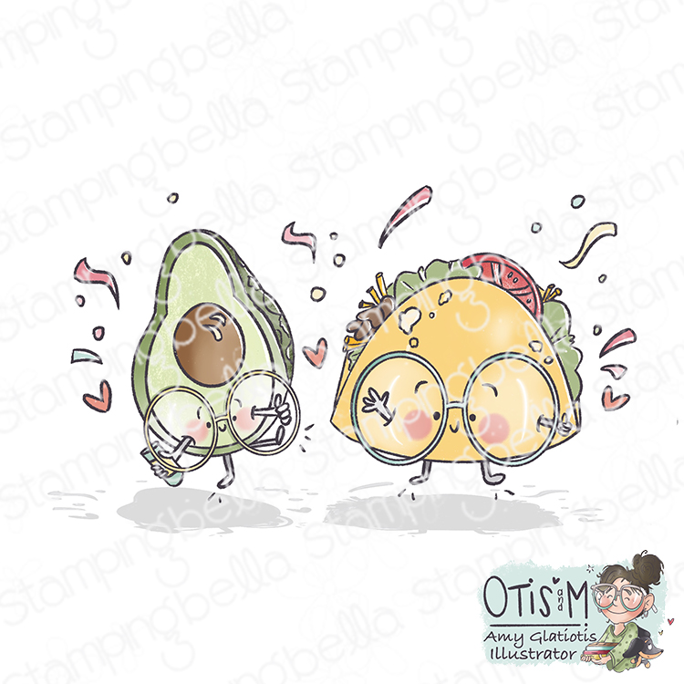 Stamping Bella Spec-Tacular Taco and Avocado cling mounted rubber stamp illustrated by Amy Glatiotis, made in the USA. This whimsical design features a cute avocado character wearing glasses and a glasses wearing taco characterboth surrounded by confetti and hearts. Perfect for creating friendship, love, and family-themed cards, or even party invitations.

This adorable illustration is ideal for adding a touch of sweetness and charm to handmade cards, making them perfect for expressing heartfelt sentiments to friends and loved ones.