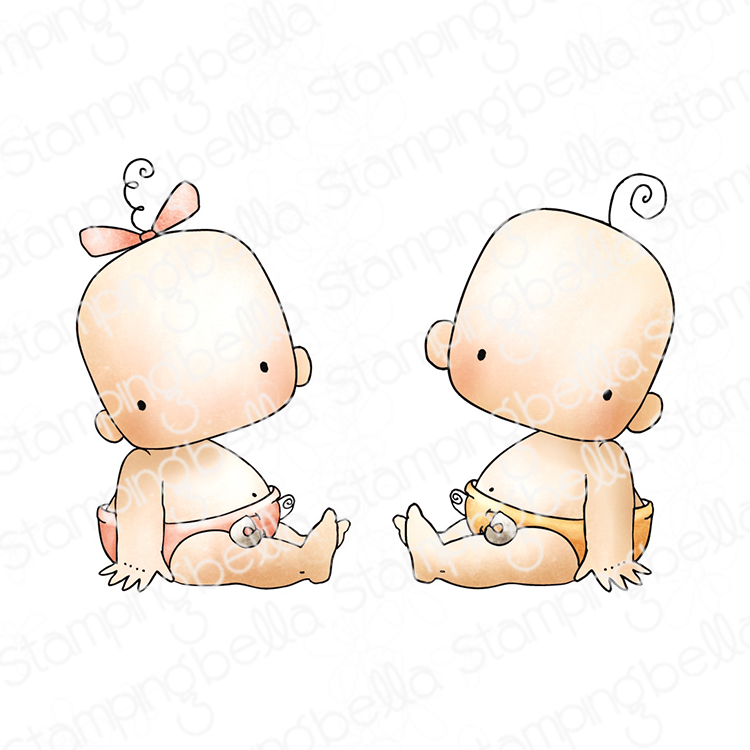 Stamping Bella Baby Boy and Girl cling mounted rubber stamp set, made in the USA. Features two adorable baby characters, one with a bow and the other with a curl, both sitting and wearing diapers. Perfect for creating baby shower invitations, birth announcements, and scrapbook pages, as well as personalized greeting cards for new parents.