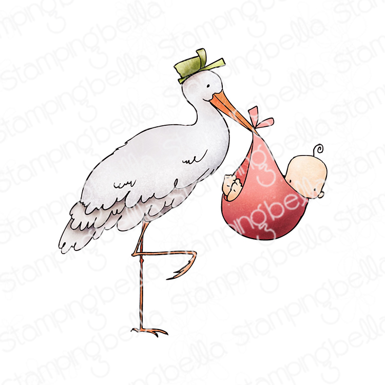 Stamping Bella Delivery from the Stork cling mounted rubber stamp, made in the USA. Features a whimsical illustration of a stork wearing a hat, carrying a baby in a cloth bundle. Perfect for creating baby shower invitations, birth announcements, and new baby greeting cards.