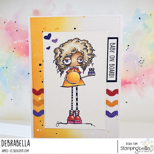 Handmade card featuring Stamping Bella Oddball Baby on the Way cling mounted rubber stamp and Baby Sentiment Set cling mounted rubber stamp set. The main focus is a stamped and colored image of a character with curly hair, wearing an orange dress with a prominent baby bump, striped leggings, and red shoes, holding a pair of purple baby boots. The card includes the text 'BABY ON BOARD!' on a vertical strip to the right of the character. The design is embellished with purple heart shapes and wavy lines in red, orange, and purple. Card design by Debra James for Stamping Bella.