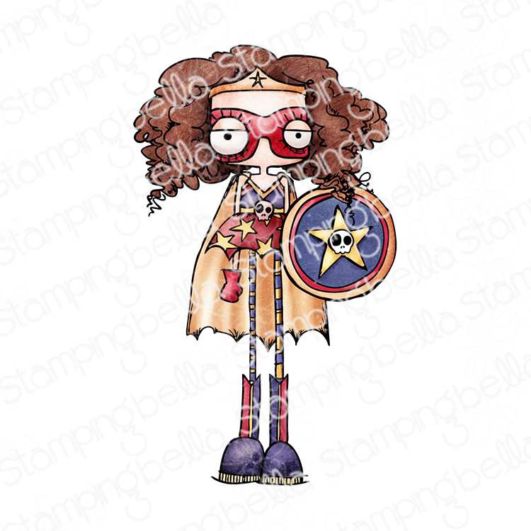 Stamping Bella Oddball Girl Power cling mounted rubber stamp, made in the USA. Features a quirky superhero girl with curly hair, wearing a star headband, mask, and cape, holding a shield with a skull and star emblem. Ideal for creating unique and fun crafting projects, such as greeting cards, scrapbook pages, and motivational tags.