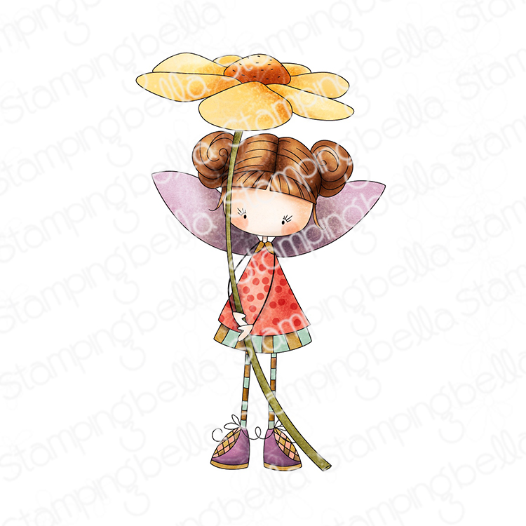 Stamping Bella Whimsabella DaisyDream cling mounted rubber stamp, made in the USA. Features a whimsical fairy with hair in buns, wearing a dress, striped leggings, and shoes, holding a large daisy flower and with wings on her back. Perfect for creating charming and imaginative crafting projects, including greeting cards, scrapbook pages, and art journals.