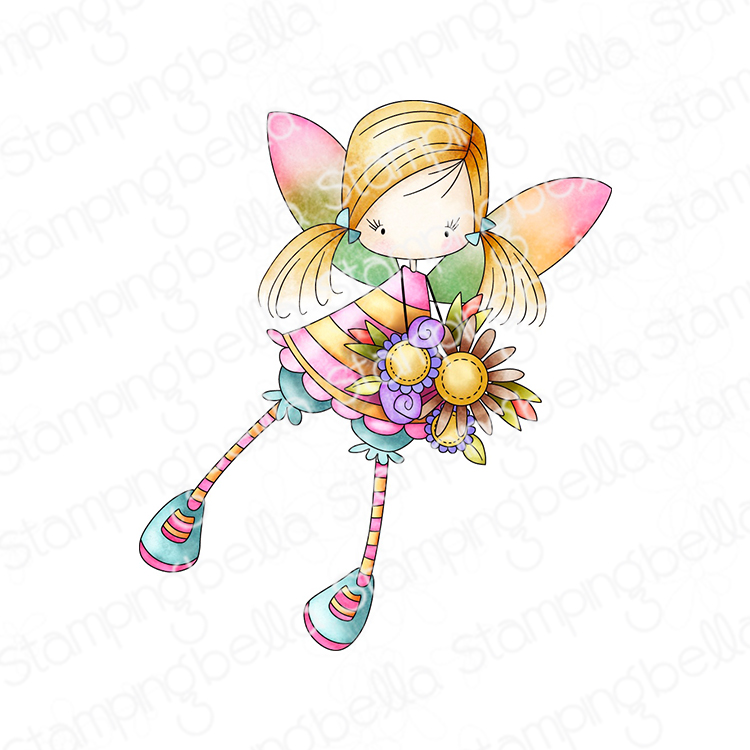 Stamping Bella Whimsabella GlimmerGlade cling mounted rubber stamp, made in the USA. Features a whimsical fairy with wings, striped leggings, and holding a bouquet of flowers. Perfect for adding a magical touch to your crafting projects, including greeting cards, scrapbook pages, and art journals.