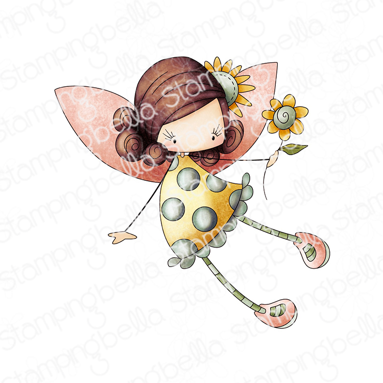 Stamping Bella Whimsabella PetalShimmer cling mounted rubber stamp, made in the USA. Features a whimsical fairy with wings, striped leggings, and wearing a polka dot dress, holding a single flower. Perfect for adding a magical touch to your crafting projects, including greeting cards, scrapbook pages, and art journals.