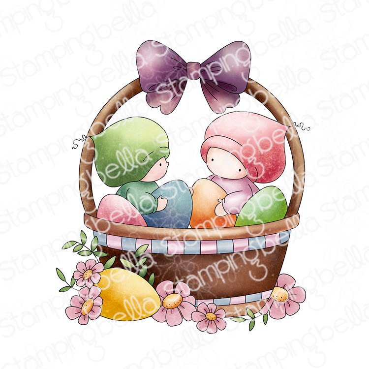 Stamping Bella Bundle Girls in Easter Basket cling mounted rubber stamp, made in the USA. Features two adorable girls, sitting inside a woven basket filled with Easter eggs and decorated with a large bow and flowers. This image captures the festive and playful spirit of Easter, making it ideal for crafting and stamping projects.