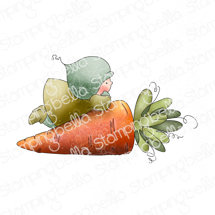 Stamping Bella Bundle Girl with a Carrot cling mounted rubber stamp, made in the USA. Featuring an adorable illustration of a girl in an outfit leaning on a large carrot with leaves. Perfect for crafting and card-making projects.