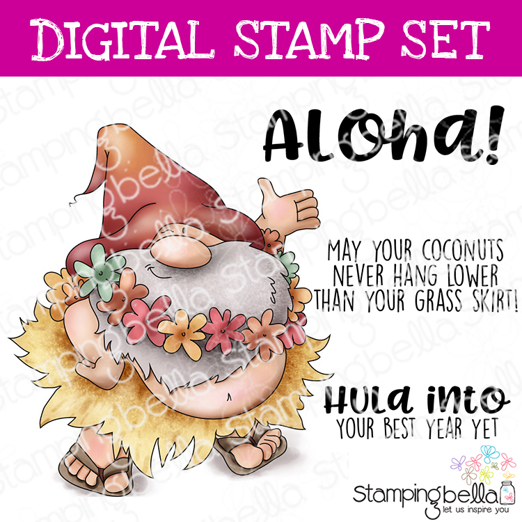 Stamping Bella Hula Gnome digital stamp set. Cute image and sentiments for card-making and other creative projects.