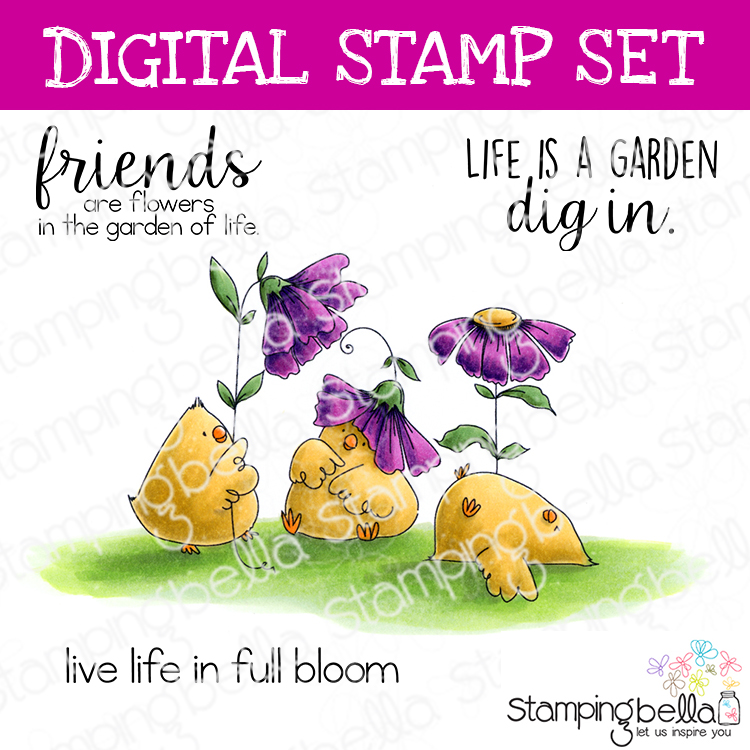 Stamping Bella Gardening Chicks digital stamp set. Cute image and sentiments for card-making and other creative projects.