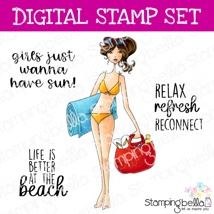 Stamping Bella Beachabella digital stamp set. Cute image and sentiments for card-making and other creative projects.
