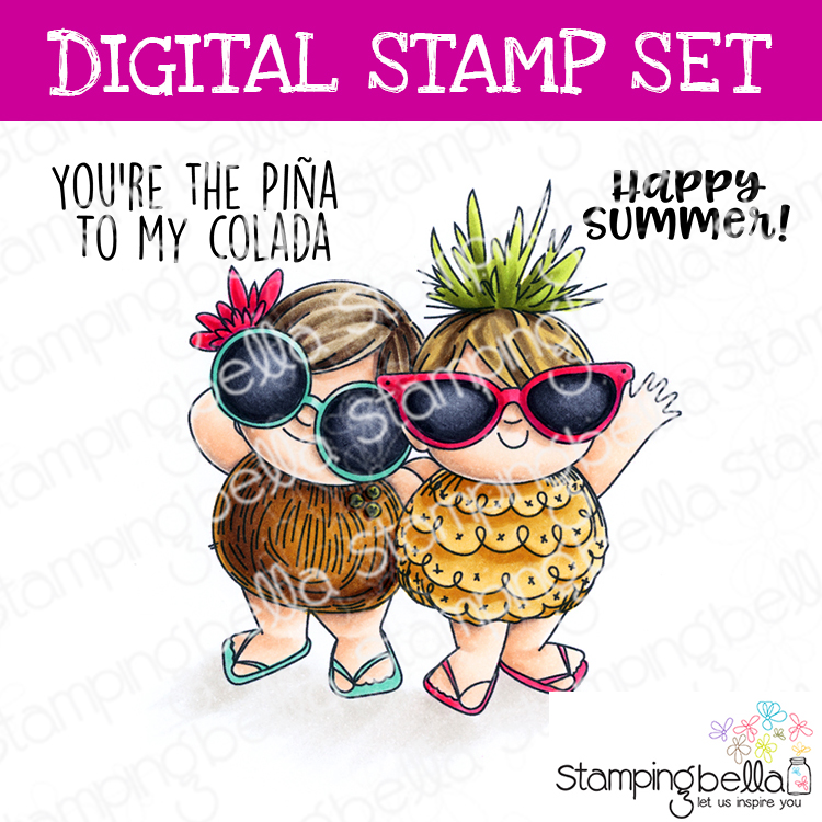 Stamping Bella Tropical Squidgies digital stamp set. Cute image and sentiments for card-making and other creative projects.