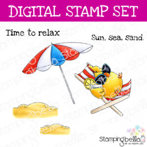 Stamping Bella Suntan Chick digital stamp set. Includes a fun set of images for creating digital stamp scenes, and two sentiments for card-making and other creative projects.